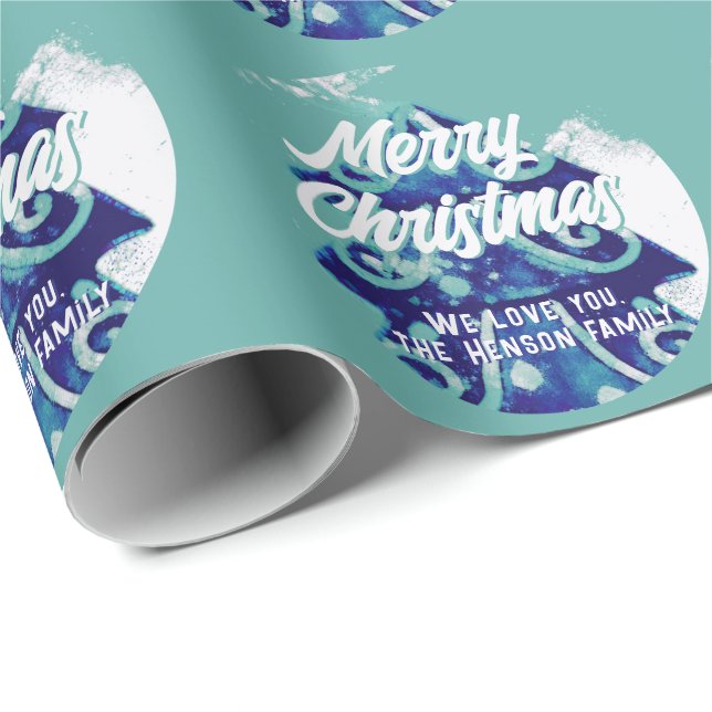 Papier Cadeau Arbre de Noël Arbre Artistique Bleu Joyeux Script (Coin rond)