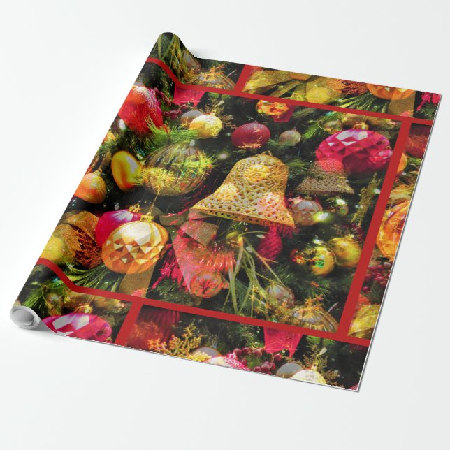 Papier Cadeau Arbre de Noël Art Bordure Rouge Charme joyeux (Déroulé)