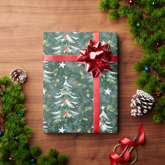 Papier Cadeau Arbre de Noël avec baies Holly et flocons de neige (Cadeau de vacances)