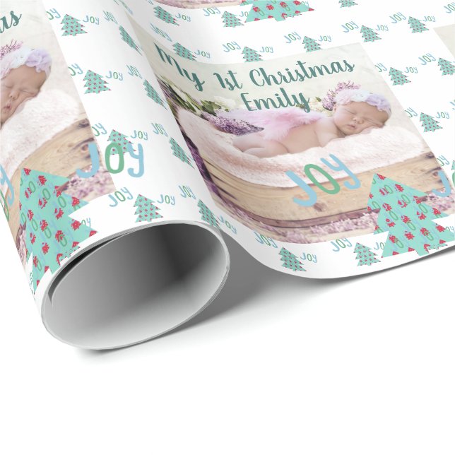 Papier Cadeau Arbre de Noël Baby First PHOTO Cadeau Turquoise (Coin rond)