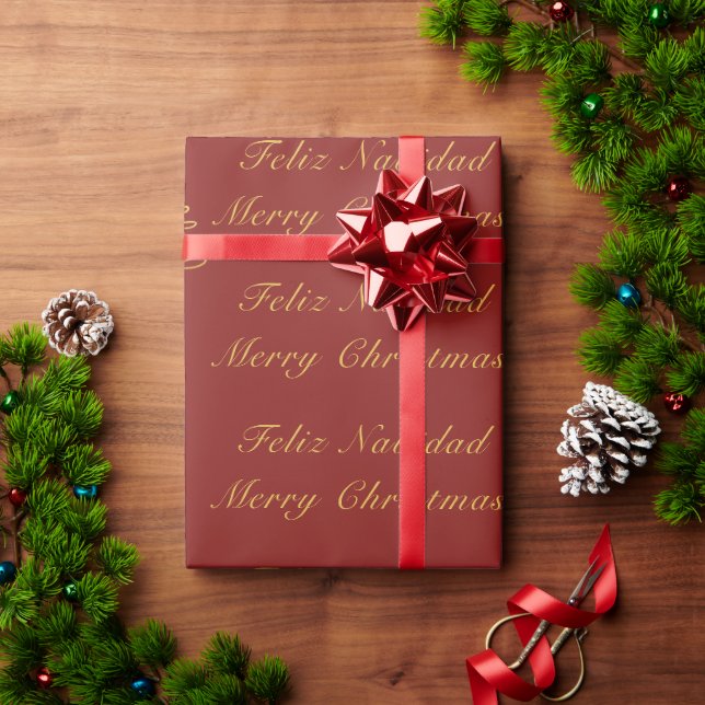 Papier Cadeau Arbre de Noël bilingue rouge et doré (Cadeau de vacances)
