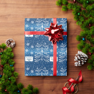 Papier Cadeau Arbre de Noël blanc et bleu Monogramme