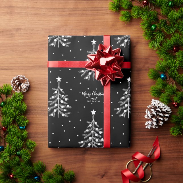 Papier Cadeau Arbre de Noël blanc Motif texte personnalisé noir (Cadeau de vacances)
