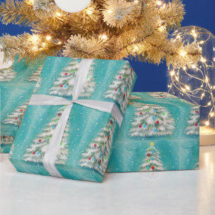 Papier Cadeau Arbre de Noël blanc Rouge Vert Ballons Bleus