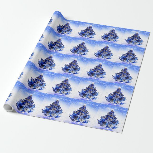 Papier Cadeau Arbre de Noël bleu décoré (Déroulé)
