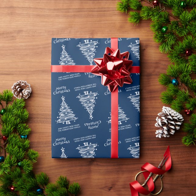 Papier Cadeau Arbre de Noël bleu et blanc (Cadeau de vacances)