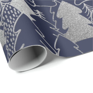 Papier Cadeau Arbre de Noël Bleu Marine Argent gris Parties scin