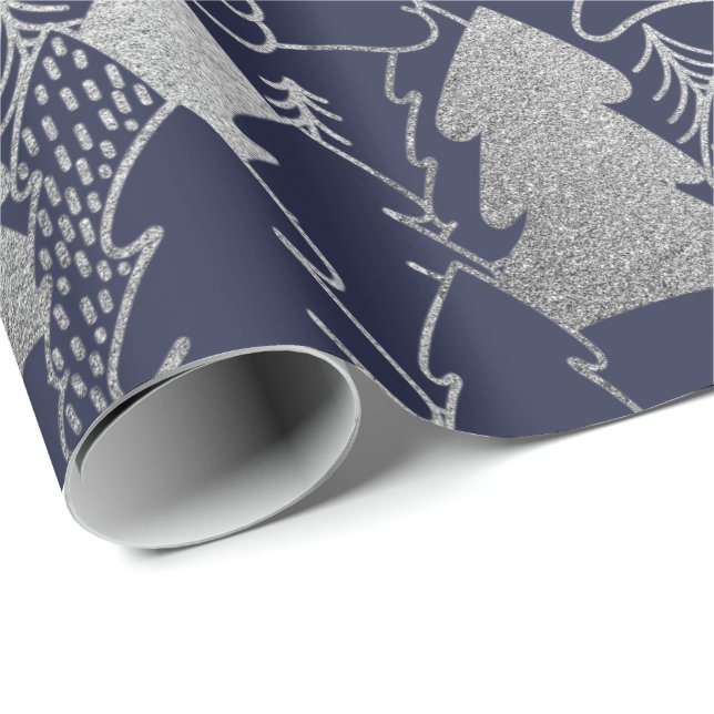 Papier Cadeau Arbre de Noël Bleu Marine Argent gris Parties scin (Coin rond)