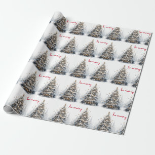 Papier Cadeau Arbre de Noël Bleu Satin or Soyez joyeux