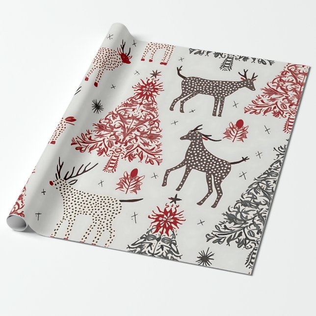 Papier Cadeau Arbre de Noël Conception et rennes, Papier à envel (Déroulé)