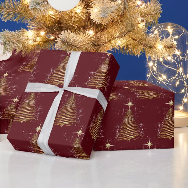 Papier Cadeau Arbre De Noël Contemporain Or Sur Maroon (Vacances)