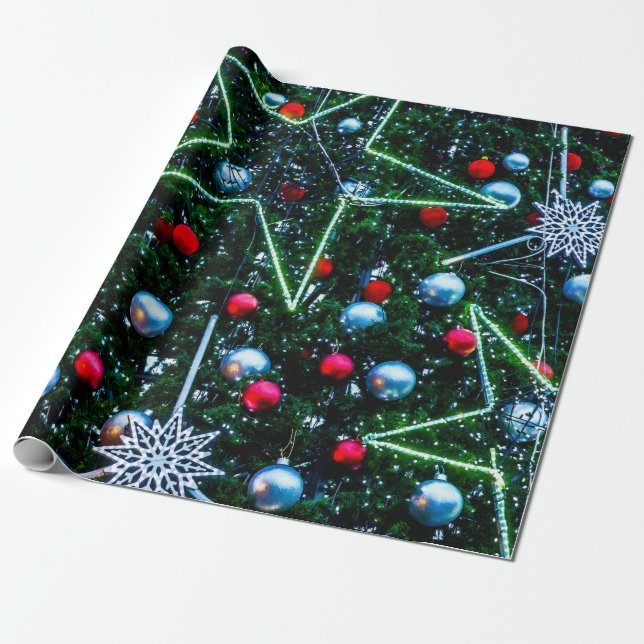 Papier Cadeau Arbre de Noël décoré, Étoiles, Balls (Déroulé)