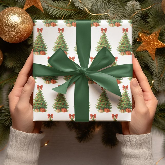 Papier Cadeau Arbre de Noël élégant avec Bow rouge et présents - (Créateur téléchargé)