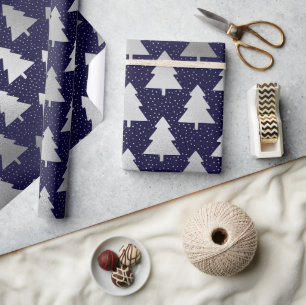 Papier Cadeau Arbre de Noël Elégant bleu et argent Faux Foil