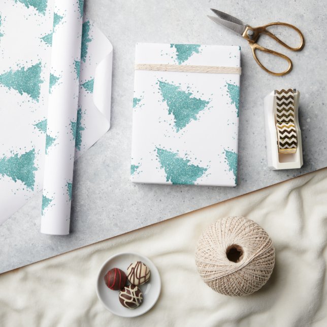 Papier Cadeau Arbre de Noël élégant | Luxe Aqua Mint Splatter (Artisanat)