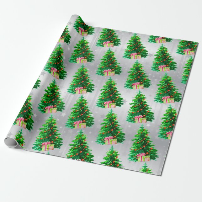 Papier Cadeau Arbre de Noël élégant, Ornements rouges, Packages (Déroulé)