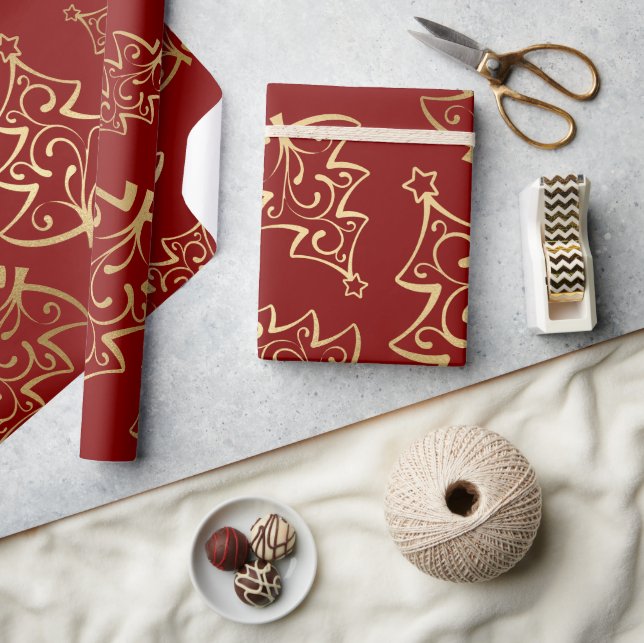Papier Cadeau Arbre de Noël Elégant Rouge et Or Faux Foil (Artisanat)