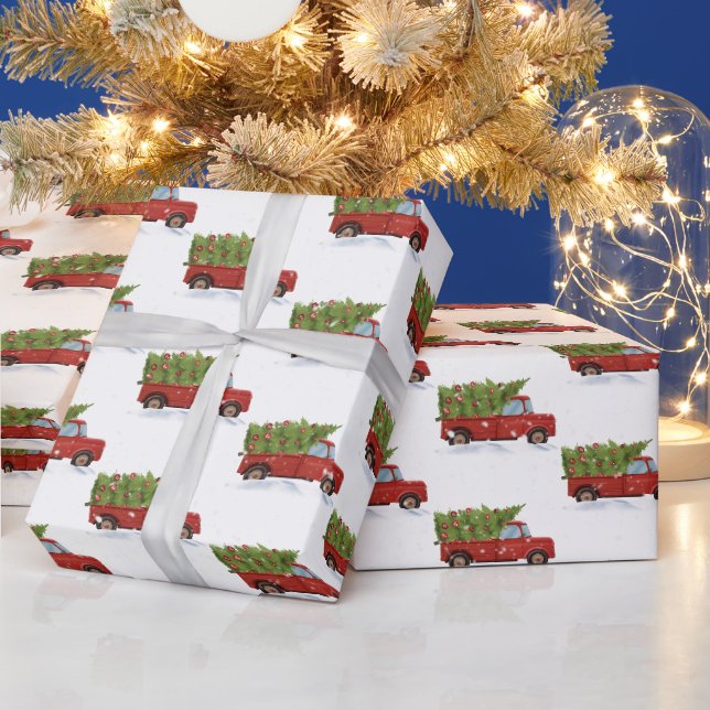 Papier Cadeau Arbre de Noël en Camion Rouge (Vacances)