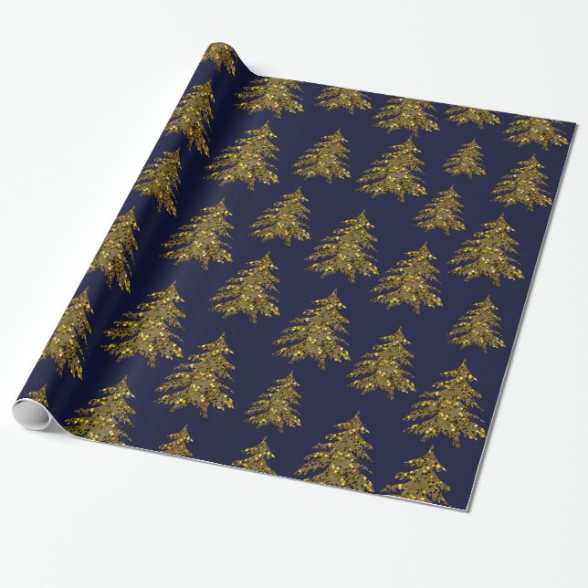 Papier Cadeau Arbre de Noël en or brillant sur bleu foncé (Déroulé)