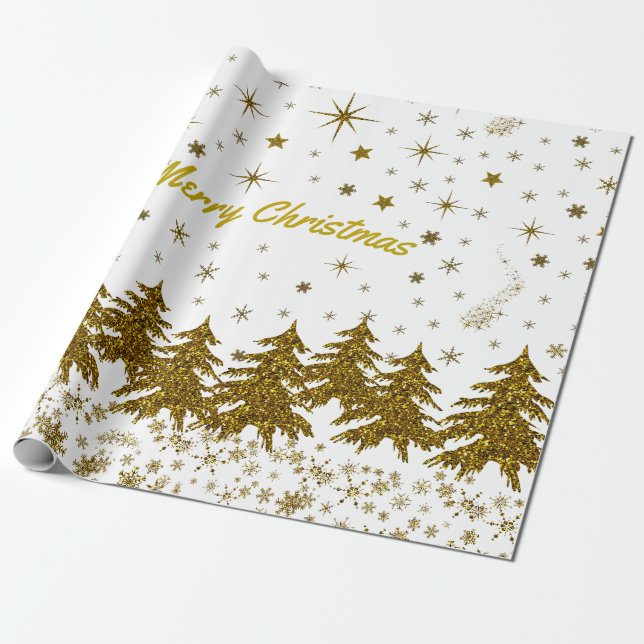 Papier Cadeau Arbre de Noël en or étincelant, étoiles, neige (Déroulé)