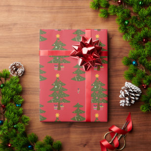 Papier Cadeau Arbre de Noël et étoile avec Arrière - plan rouge