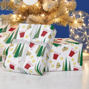 Papier Cadeau Arbre de Noël et motif de cadeaux rétro
