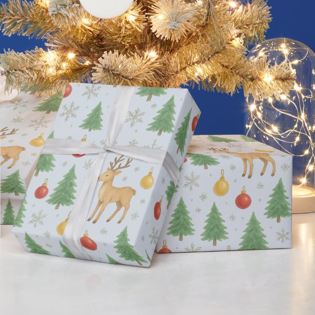 Papier Cadeau Arbre de Noël et rennes aquarelles - (Vacances)