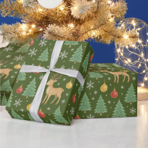 Papier Cadeau Arbre de Noël et rennes aquarelles -