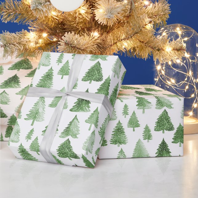 Papier Cadeau Arbre de Noël moderne aquarelle pin vert vibe (Vacances)