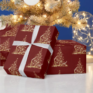 Papier Cadeau Arbre de Noël moderne étincelle rouge or