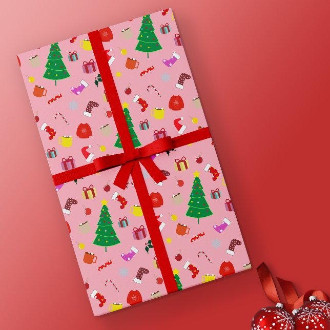 Papier Cadeau Arbre de Noël moderne rose chaud et trucs (Pink Christmas Wrapping Paper)