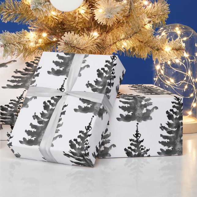 Papier Cadeau Arbre de Noël monochrome aquarelle noir (Vacances)