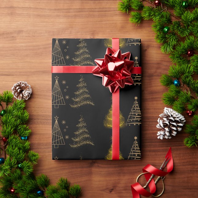 Papier Cadeau Arbre de Noël noir et or moderne (Cadeau de vacances)