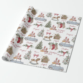 Papier Cadeau Arbre de Noël, pain d'épices et voiture