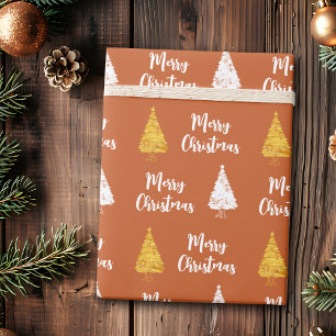 Papier Cadeau Arbre de Noël personnalisé en terracotta blanc dor