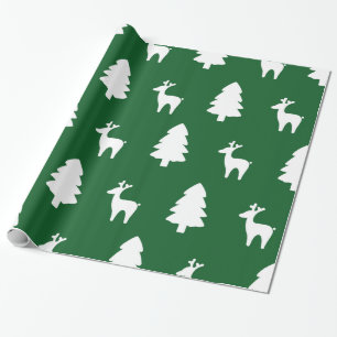 Papier Cadeau Arbre de Noël Reindeer vert blanc