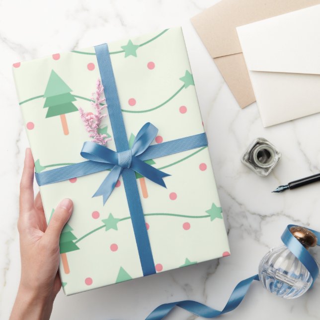 Papier Cadeau Arbre de Noël rose et vert Polka (Cadeaux)