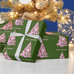 Papier Cadeau Arbre de Noël rose moderne vert