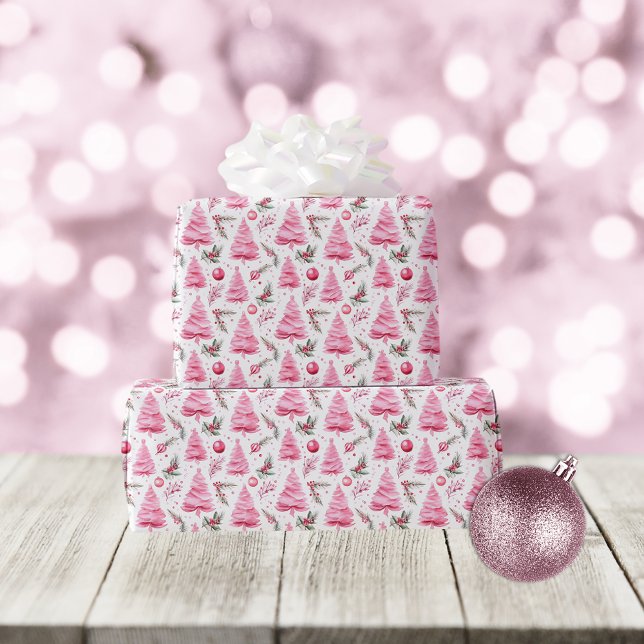 Papier Cadeau Arbre de Noël rose Motif aquarelle (Créateur téléchargé)