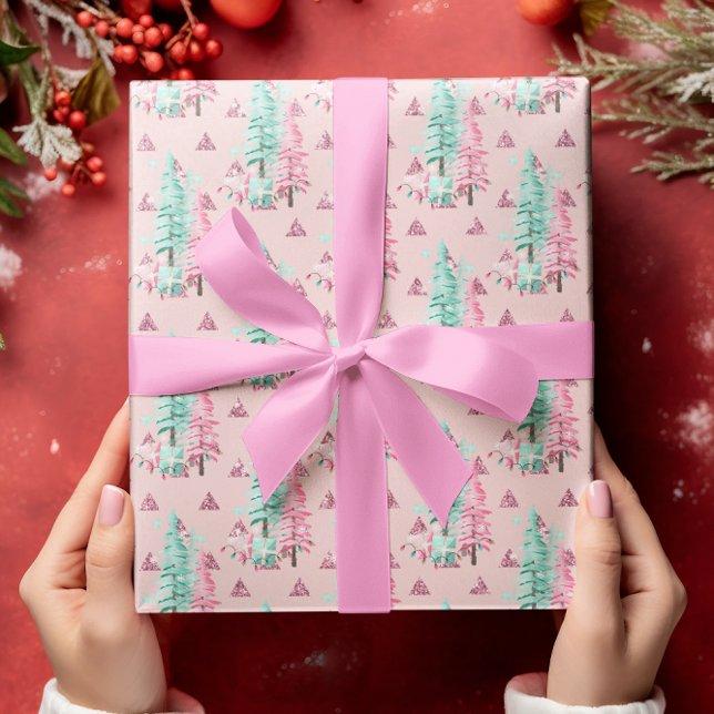 Papier Cadeau Arbre de Noël rose Motif Vacances Turquoises (Créateur téléchargé)