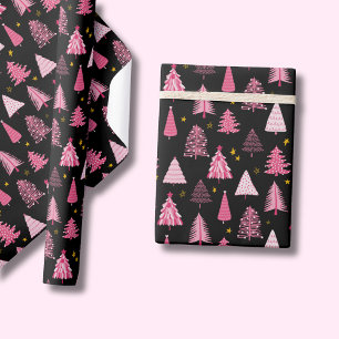 Papier Cadeau Arbre de Noël rose noir