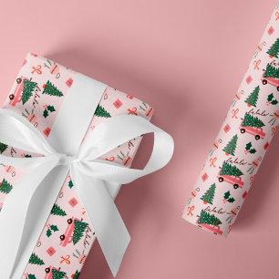 Papier Cadeau Arbre de Noël rose Vintage Retro Van