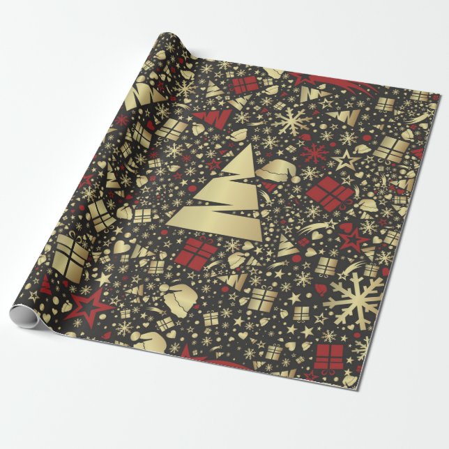 Papier Cadeau Arbre de Noël rouge et doré Snowflakes et étoiles (Déroulé)