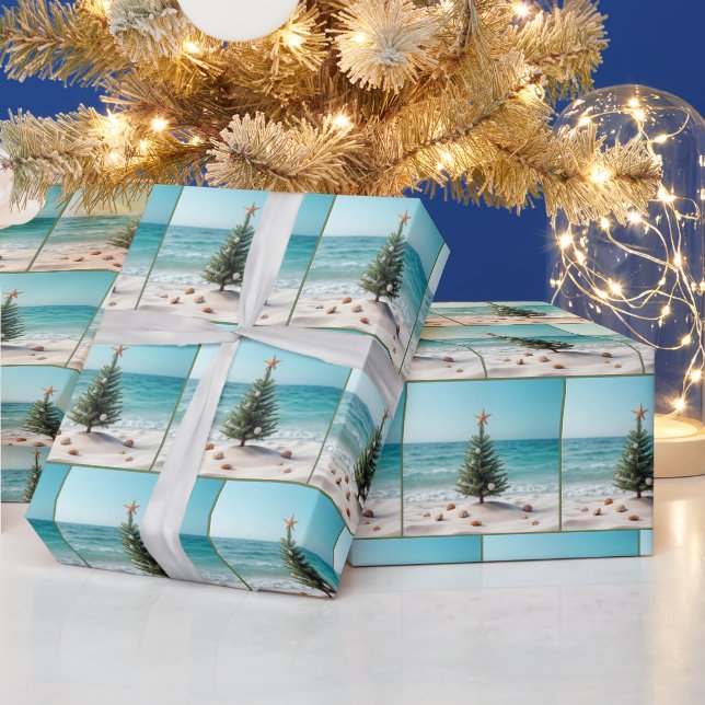 Papier Cadeau Arbre de Noël tropical sur une plage (Vacances)