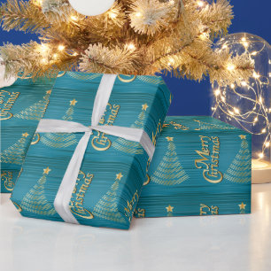 Papier Cadeau Arbre de Noël Turquoise Stripes et Gold Scribble