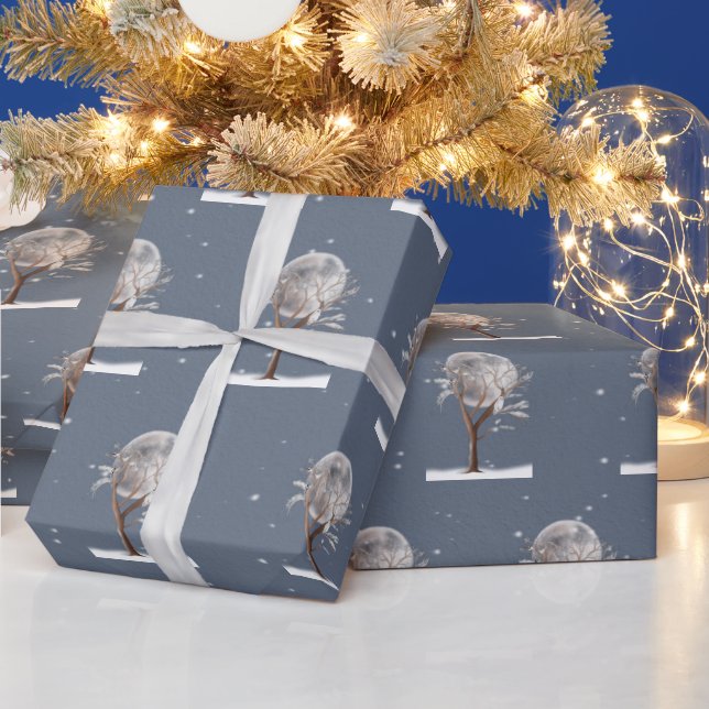 Papier Cadeau Arbre d'hiver avec lune et hibou (Vacances)