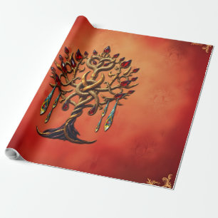 Papier Cadeau Arbre doré de la vie aux pierres rouges