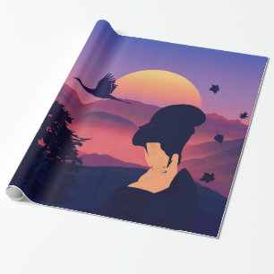 Papier Cadeau Arbre japonais de geisha de thème et Soleil Levan