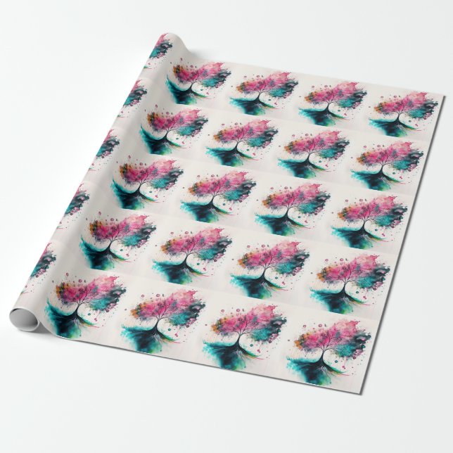 Papier Cadeau Arbre mystique moderne & gras (bleu, rose, orange) (Déroulé)