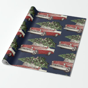 Papier Cadeau Arbre vintage de la Marine et de la Voiture Rouge 